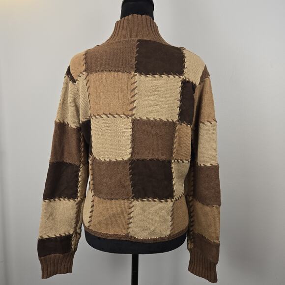 Harolds Linen Cotton Mock Neck Patchwork Sweater Cropped Brown Retro MED 70s Hip - Picture 5 of 11